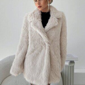 Apricot Casual Women's  Lapel Thick Faux Fur Coat With Pockets